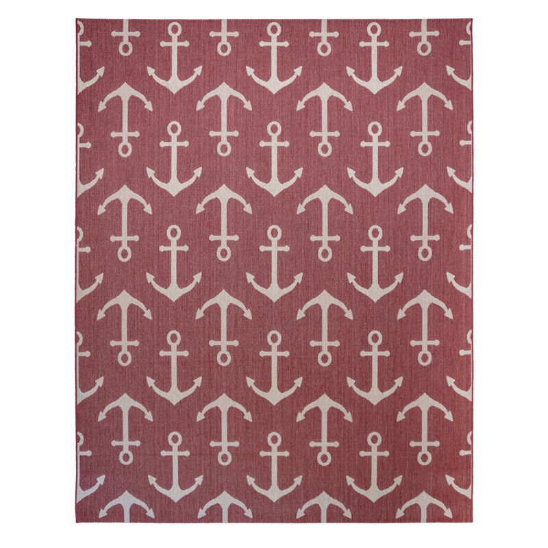 Solterra Dockside Red Cream Beige Nautical Achor Flatweave Polypropylene Indoor/ Outdoor Area Rug, Rectangle 7'10" x 10'