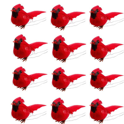 Paquet de 12 ornements de cardinaux rouges, oiseaux rouges, cardinal, 2 fils fixés sur des ornements d'arbre de Noël, oiseaux rouges artificiels avec plumes pour décorations de Noël, couronnes, centres de métier, ensemble de 12