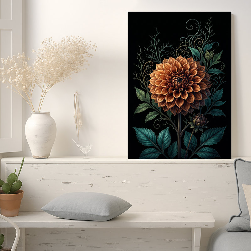 Grande fleur de dahlia en bronze avec feuilles bleu sarcelle sur toile noire, 18"H x 12"W