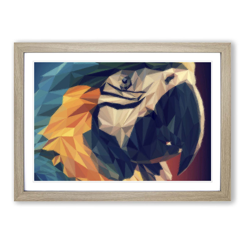 Geometric Macaw Parrot in Abstract - Picture Frame Graphic Art Print, 27cm H x 36cm W x 2cm D, Oak Framed