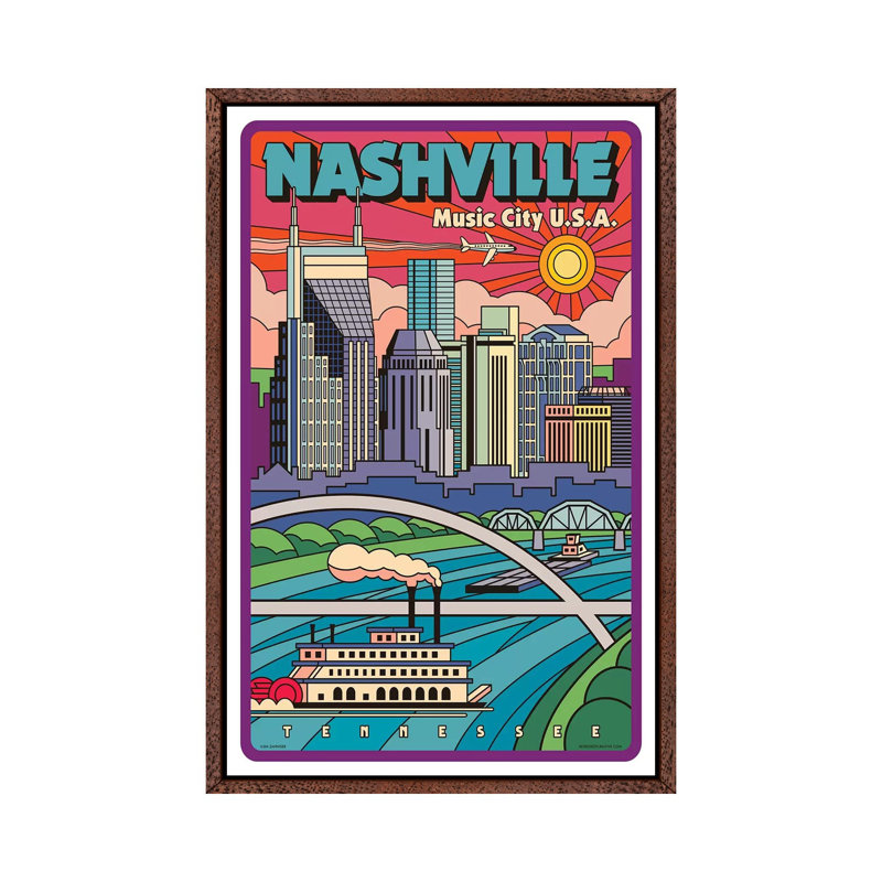 Nashville Pop Art Travel by Jim Zahniser - Print on Canvas, 152.4cm H x 101.6cm W x 3.81cm D, Classic Brown Wood Framed