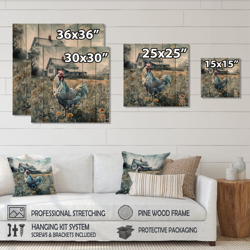 «Cestaric Rooster On A Farm I On», reproduction de bois, H 15 po x l 15 po x P 0,78 po