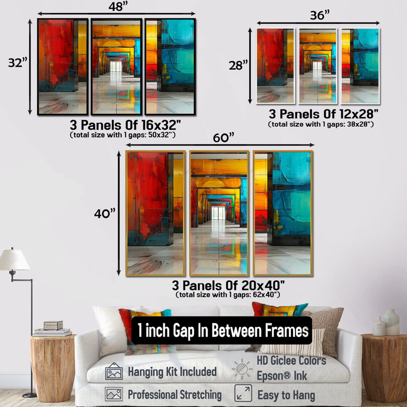 «Red Blue Colorful Glass Tunnels II - Tunnels», ensemble d'art mural, Toile encadrée flottée blanche