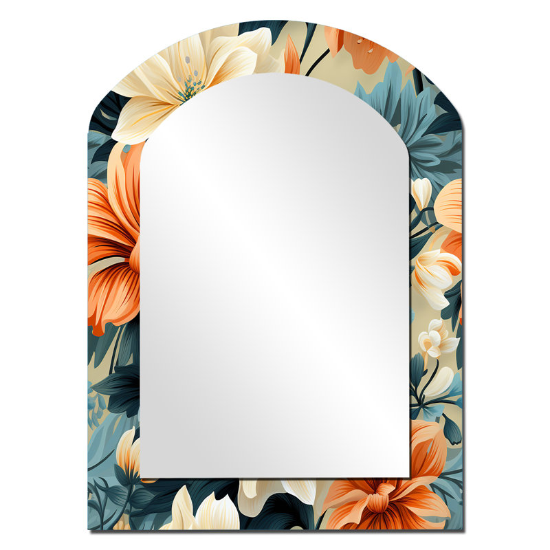 Motif botanique floral terre cuite et bleu Shearson - grand miroir floral asymétrique, miroir mural décoratif Cottage Arch