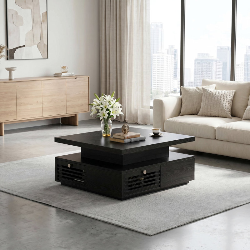 Aurora Modern Coffee Table With LED Light And Charging Station, Living Room Table With 4 Storage Drawers With Grille Design