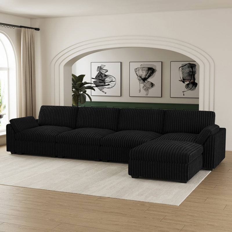 Velvet & Plush Corduroy Fabric Sofa L-Shaped Living Room Couch Large Modular Sectional Sofa With Movable Ottoman