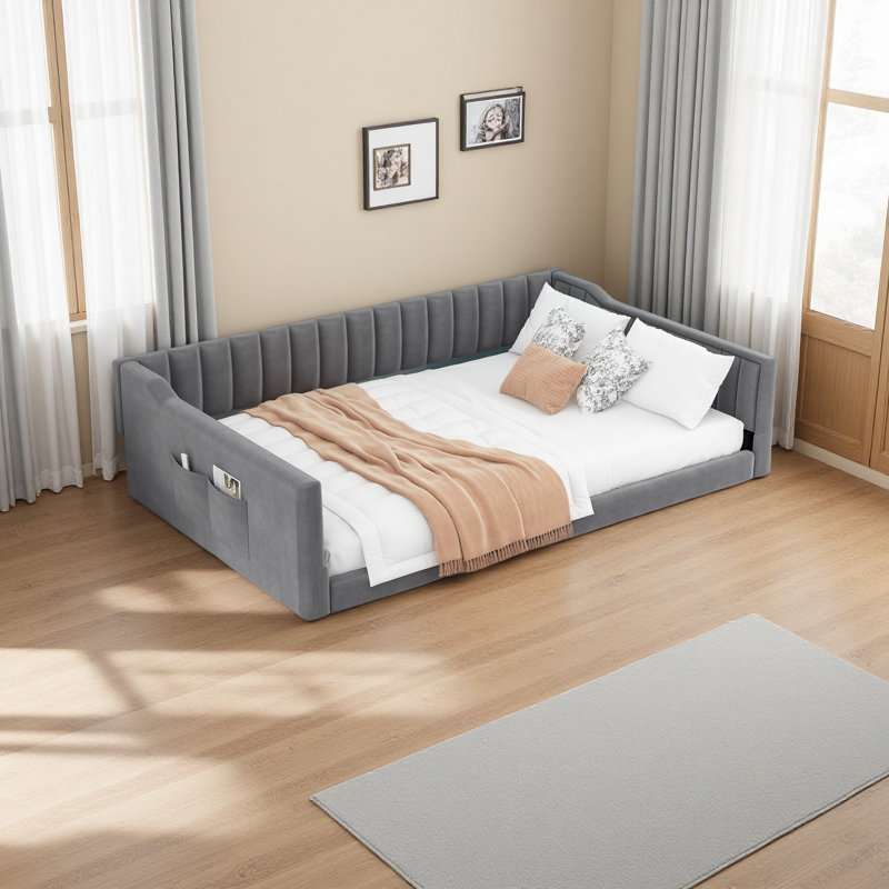 Upholstery Daybed And Side Storage Pocket, Gray, Full/Double