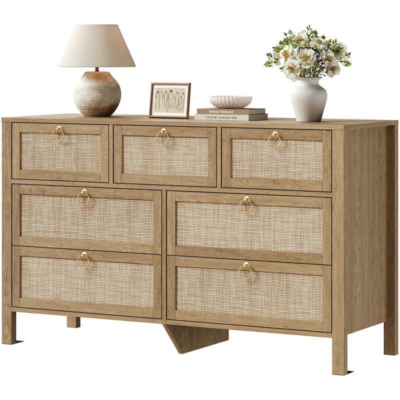 Commode à 7 tiroirs avec poignées dorées et commode de chambre à coucher Boho de 51 po Pomodoro, Carbone cerise / or