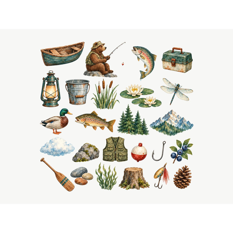 Fishing Lake Wall Decals, Set of 25 Peel and Stick Nursery Wall Stickers, Satin Finish Removable Kids Room Wall Art, 20"W x 20"H (50 x 50 cm)