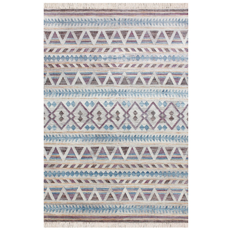 Tapis géométrique tissé à plat à la main en jute / coton bleu / mauve / beige Bossert, Rectangle 9 pi x 12 pi