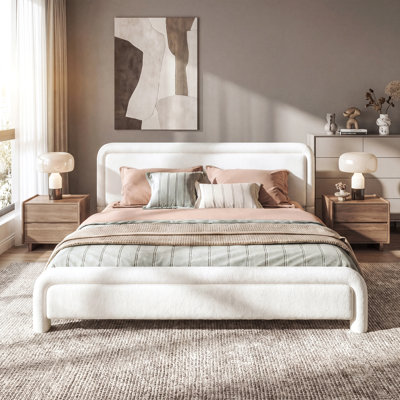 Très grande base de lit tapissier avec tête de lit courbée, lit en tissu moderne avec support en lattes de bois