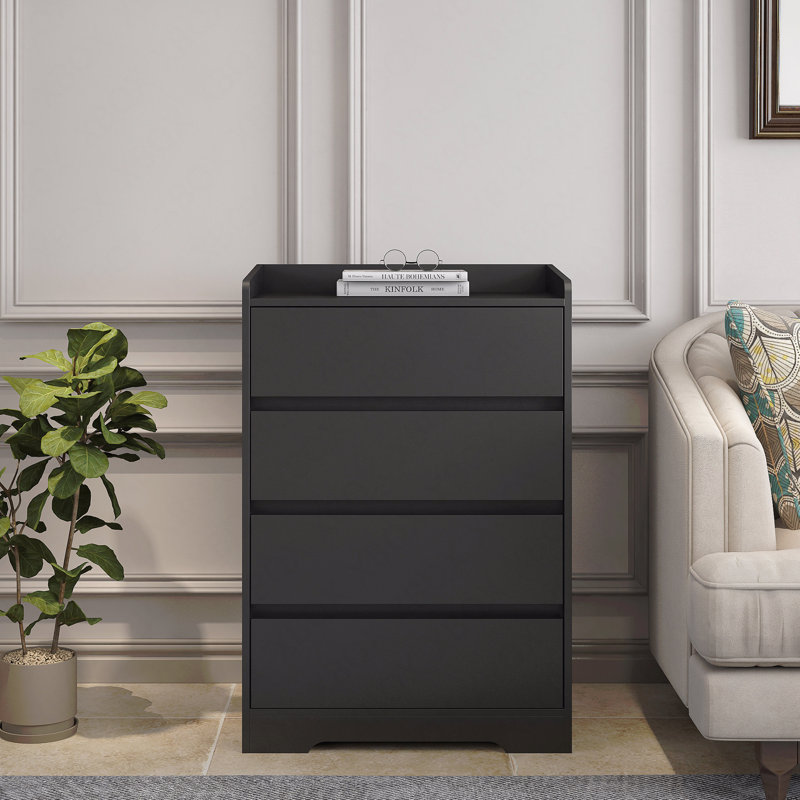 4 Drawer Black Dresser with No Handle Design, Black