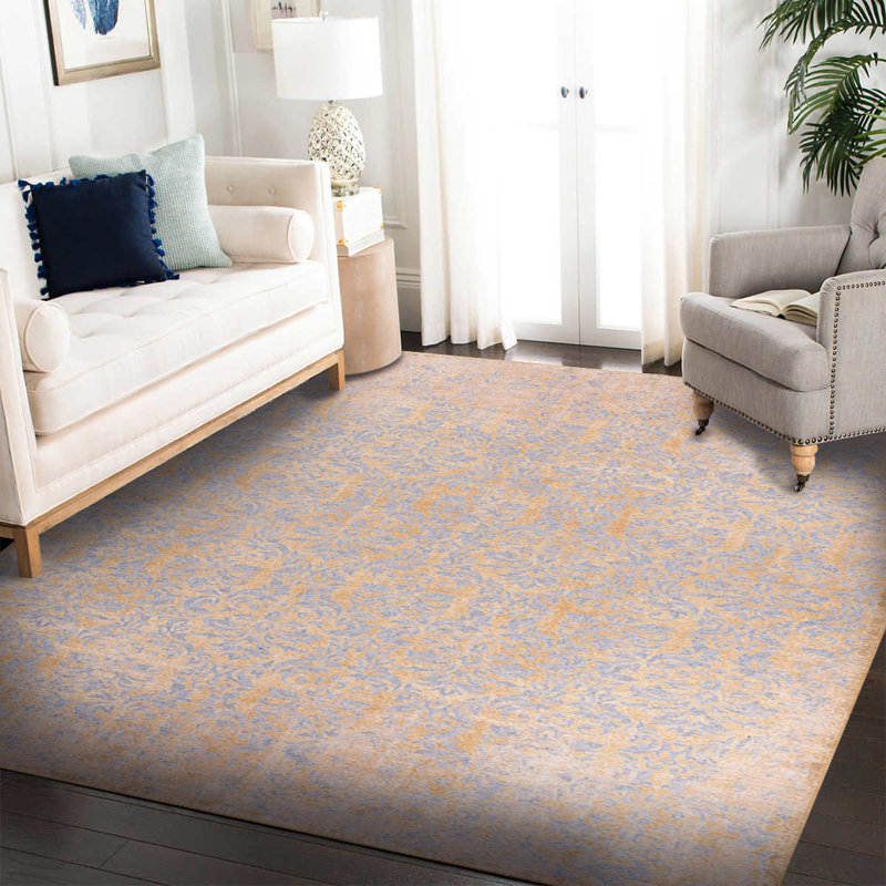 Tapis jaune gris à motif rétro, Rond 5 pi