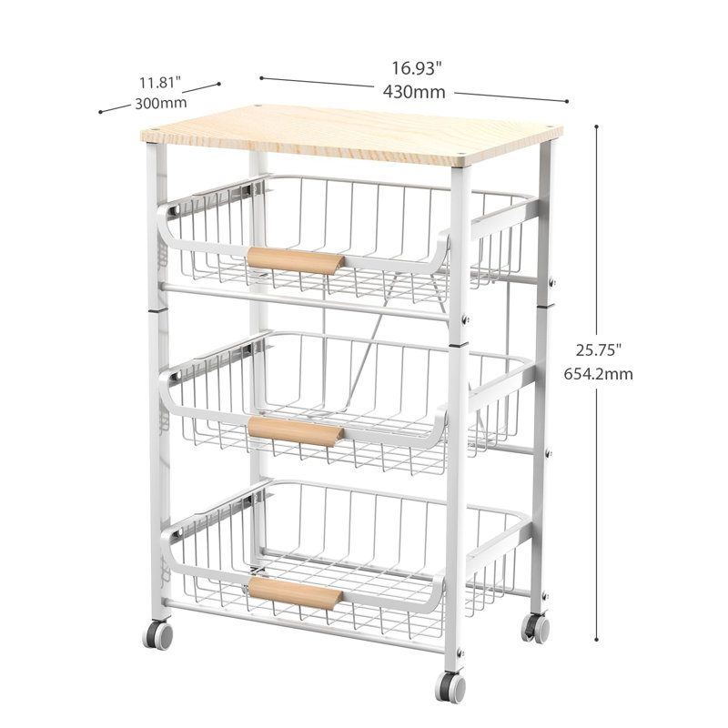 4-Tier Pull-Out Metal Storage Cart with Wooden Top, Sliding Baskets, Handle, and Rolling Wheels