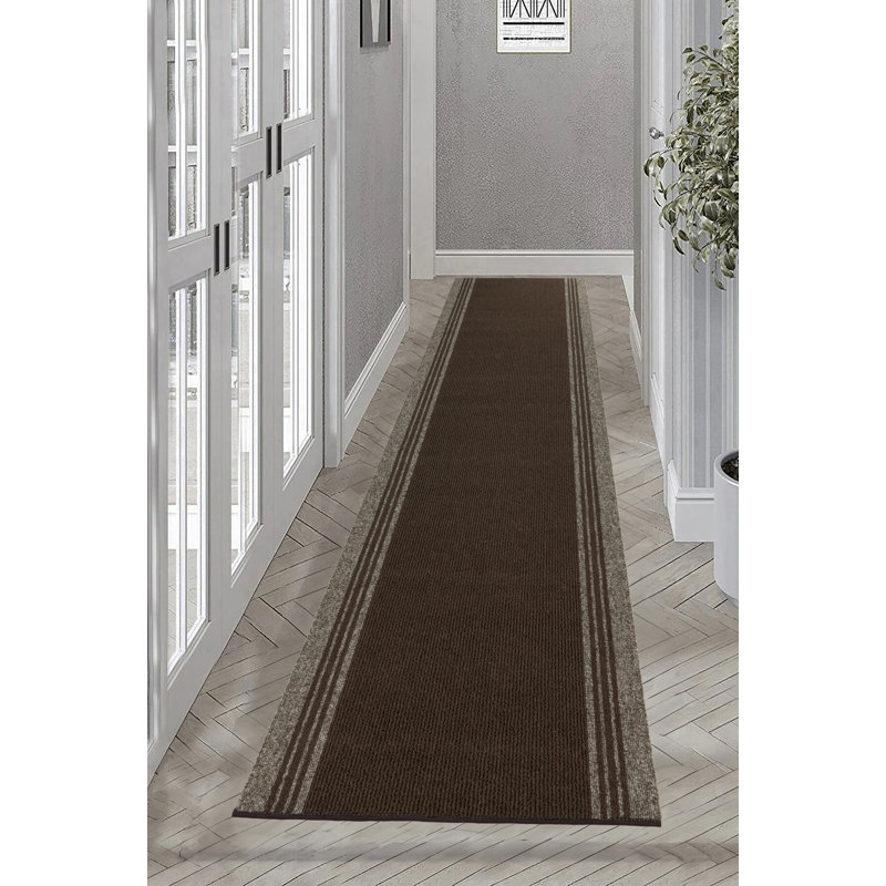 Tapis intérieur / extérieur en polypropylène touffeté à la machine géométrique brun, Tapis de couloir 2 pi 6 po x 6 pi