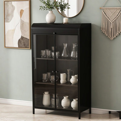 Armoire de rangement haute en métal avec portes vitrées et couvercle rabattable, vitrine à 4 niveaux et pieds réglables, buffet en acier autoportant pour cuisine ou salon, noir antique