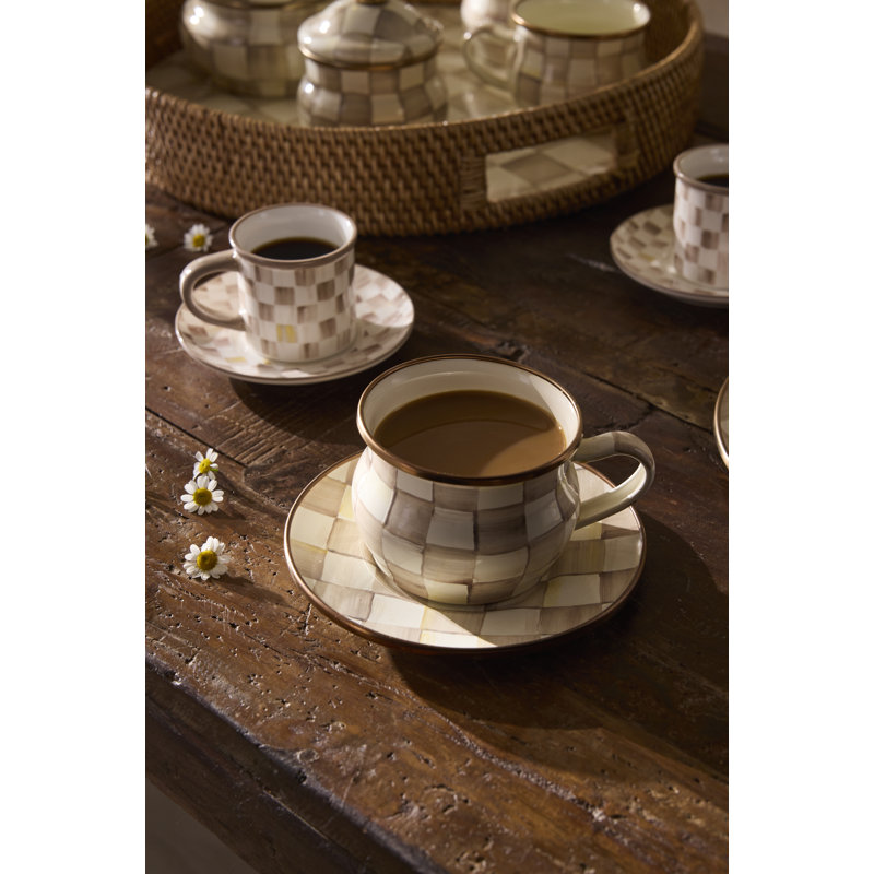 Sterling Check Stoneware Espresso Cup and Saucer, Set of 4, Pink/White