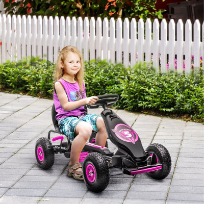 Aosom Kids Pedal Go Kart Ride-on Toy with Ergonomic Comfort, Pedal Car with Tough, Wear-Resistant Tread, Go Cart Kids Car for Boys & Girls with Suspension System, Safety Hand Brake, Ages 5-12, Pink（It is designed for single rider only.）