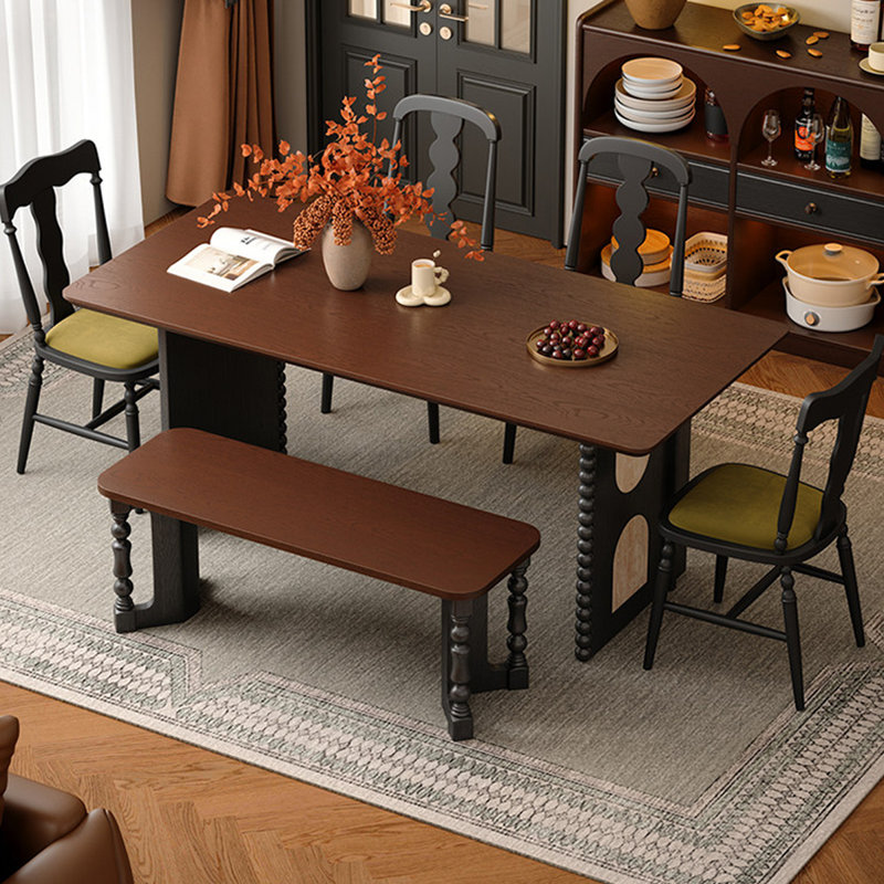 Table de salle à manger rectangulaire en bois massif brun, beige et noir et pierre frittée, 29.53"H×62.99"L×31.50"W