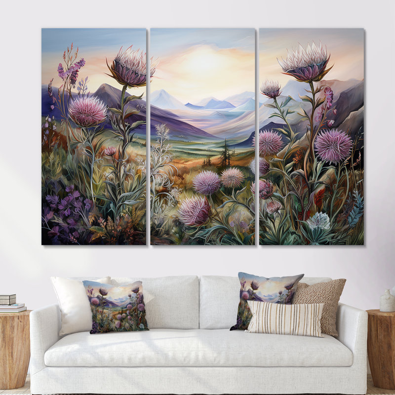 Purple Thistle Field Mountain Charm - Thistle Wall Art Living Room Set, Toile tendue, H 40 po x l 60 po x P 1 po