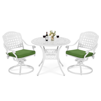 Ensemble bistro de patio 3 pièces Vivijason, ensemble de salle à manger d'extérieur en aluminium coulé résistant aux intempéries, comprenant 2 chaises berçantes pivotantes et une table ronde de 35,38 po avec trou pour parasol pour balcon, pelouse,