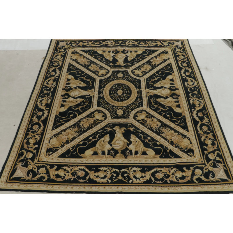 Hand Knotted Wool Area Rug in Black, Gold