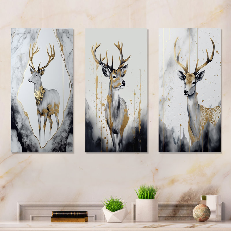 Minimalisme gris et doré cerf I - ensemble de 3 art mural en métal, H 32 po x l 48 po