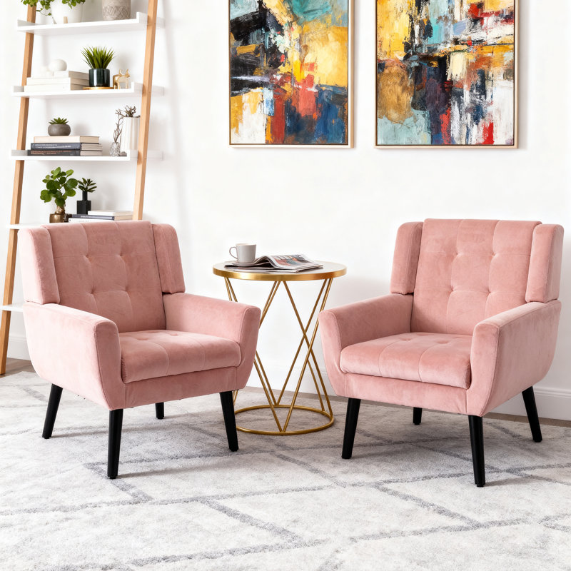 Tufted Upholstered Wide Back Armchair（Set of 2）, Pink Velvet
