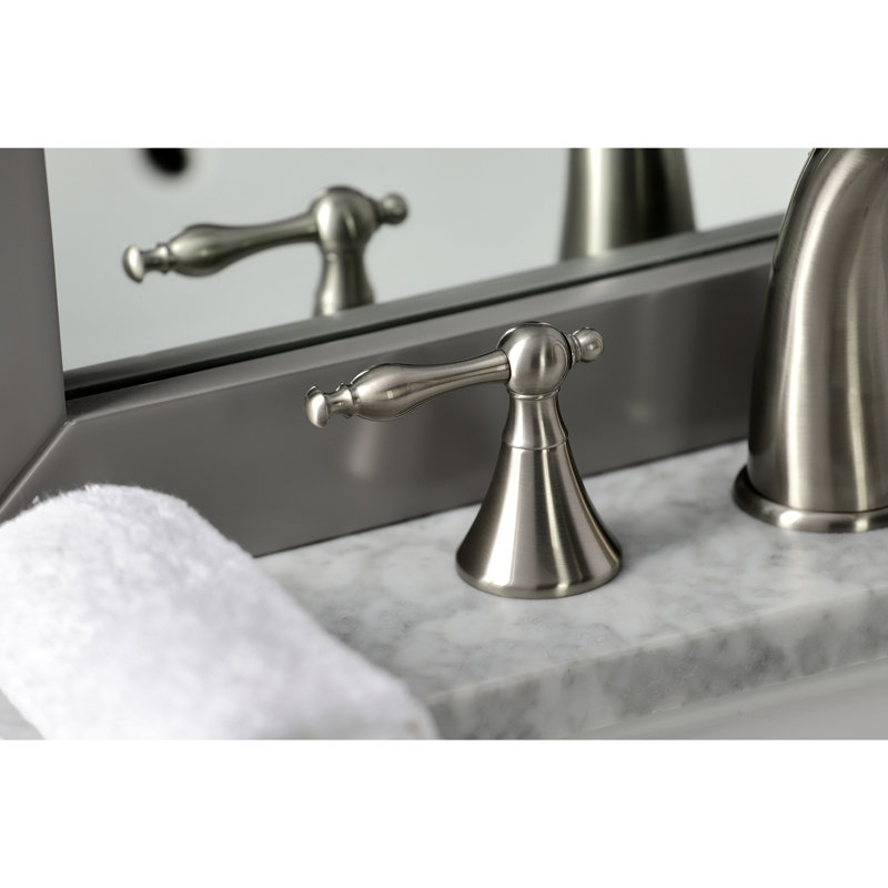 Kingston Brass Naples Two-Handle 3-Hole Deck Mount Widespread Bathroom Faucet with Brass Pop-Up Drain, Brushed Nickel