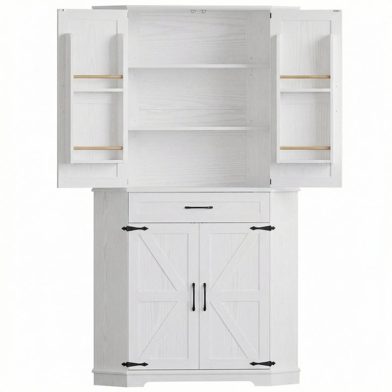 Armoire de coin avec tiroir, armoire de rangement de cuisine h 72 po avec portes de grange à 240 °, 5 tablettes, 2 compartiments fermés, blanc