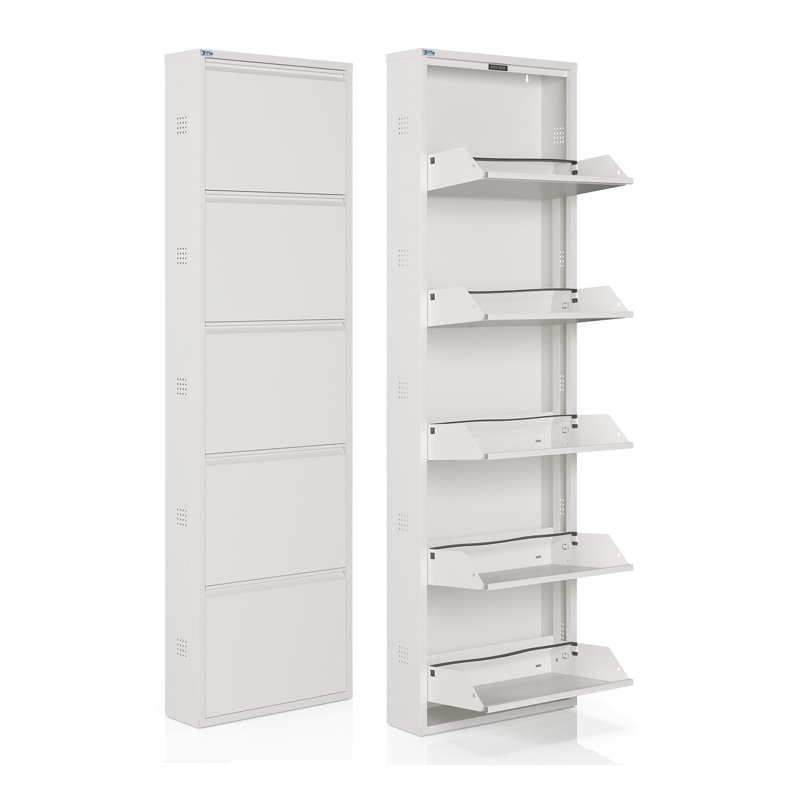 Antibacterial 5 Tier Metal Shoe Cabinet Side Holes, White
