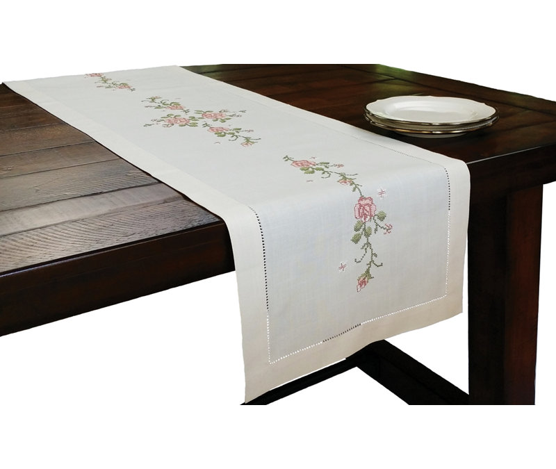 Roses Embroidery with Hand Rendered Cutwork Table Runner, 54" L x 15" W