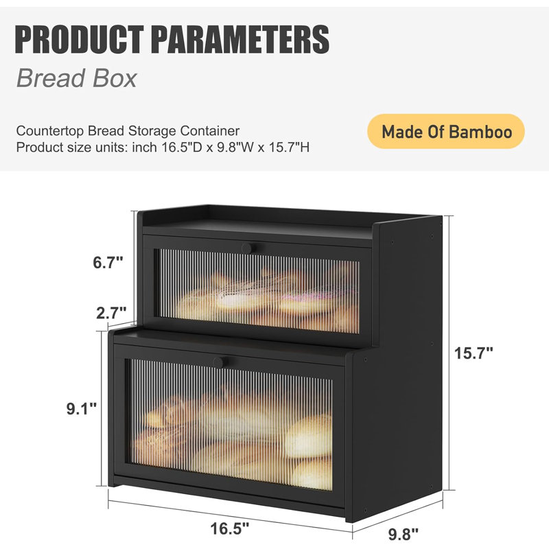Double Layer Bamboo Bread Box For Kitchen Counter,Bread Holder,Countertop Bread Storage With Window (Black)
