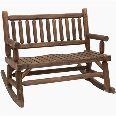 2-Person Wood Rocking Chair With Log Design, Heavy Duty Loveseat For Patio And Garden, Walnut
