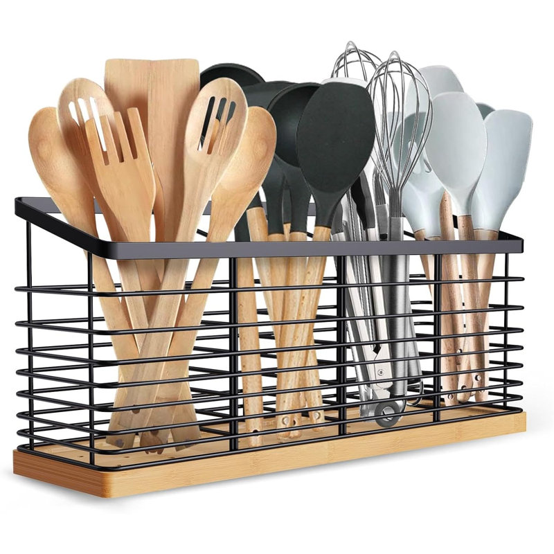 Très grand porte-ustensiles de cuisine avec 4 compartiments, métal noir mat avec base en bois pour comptoir, rangement pour ustensiles de cuisine de ferme, organisateur rustique