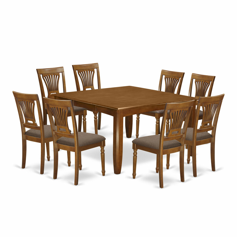 Ensemble de table de salle à manger 9 pièces comprenant une table carrée en bois avec rallonge papillon et 8 chaises de salle à manger en tissu de lin, 54 x 54 pouces, brun selle