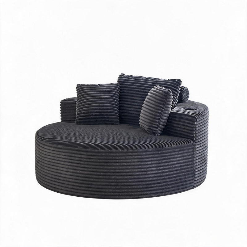 Fauteuil méridienne rond surdimensionné en velours côtelé moderne - Canapé circulaire à assise profonde avec porte-gobelets - Lit douillet et confortable pour le salon ou la chambre - Aucun assemblage requis, gris