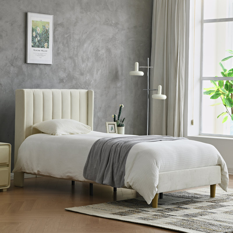 Torrick Upholstered Platform Bed with Tufted Wingback Headboard, Cream Velvet, Twin
