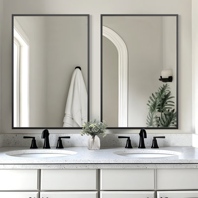Kayelle 36"x24" Rectangle Black Aluminum Alloy Thin Framed Wall-Mounted Vanity Mirror (Set of 2)