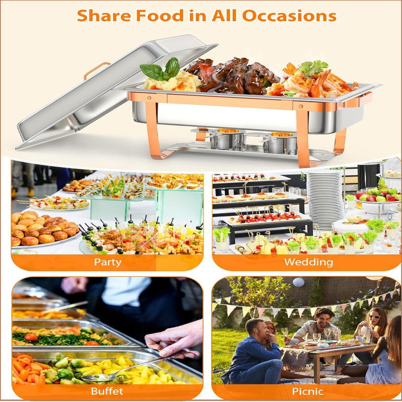 Chafing Dish Buffet Set - 8QT Stainless Steel, w/Lid Holder + Serving Spoon & Tweezers | Durable Portable for Catering, Weddings, Home Dining | Keep Food Warm & Easy Clean,Rose Gold