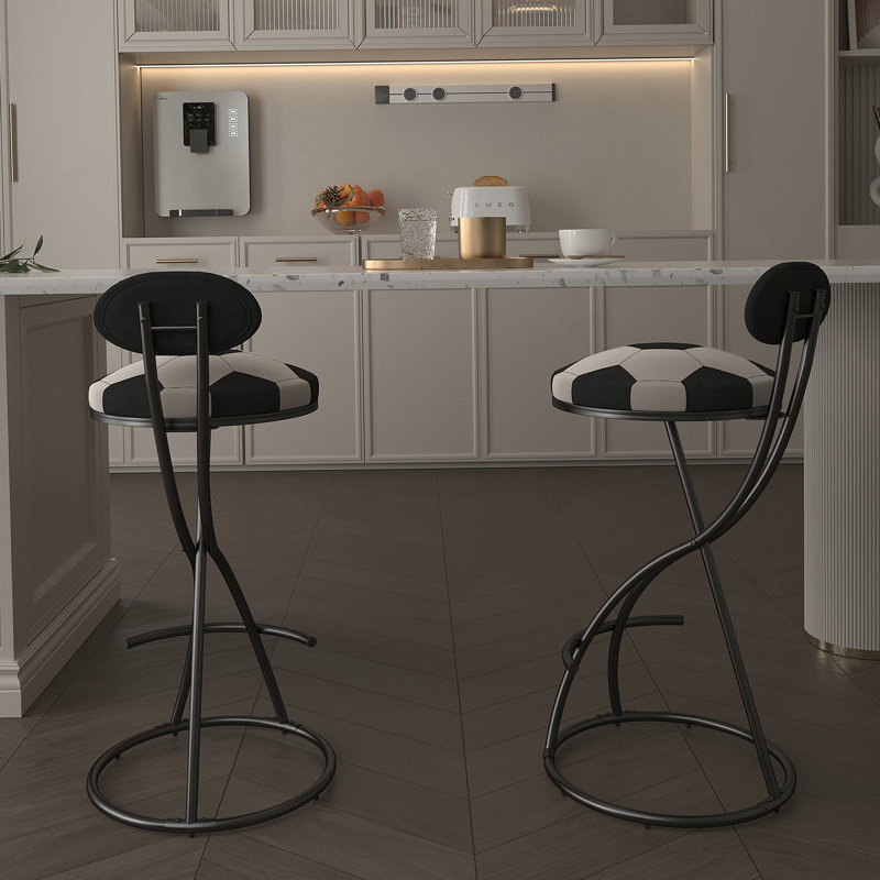 Ensemble de tabourets de bar rembourrés en forme de S, ensemble de 2 tabourets de bar en velours, tabouret rond à imprimé football pour la cuisine et le salon (structure et dossier noirs)