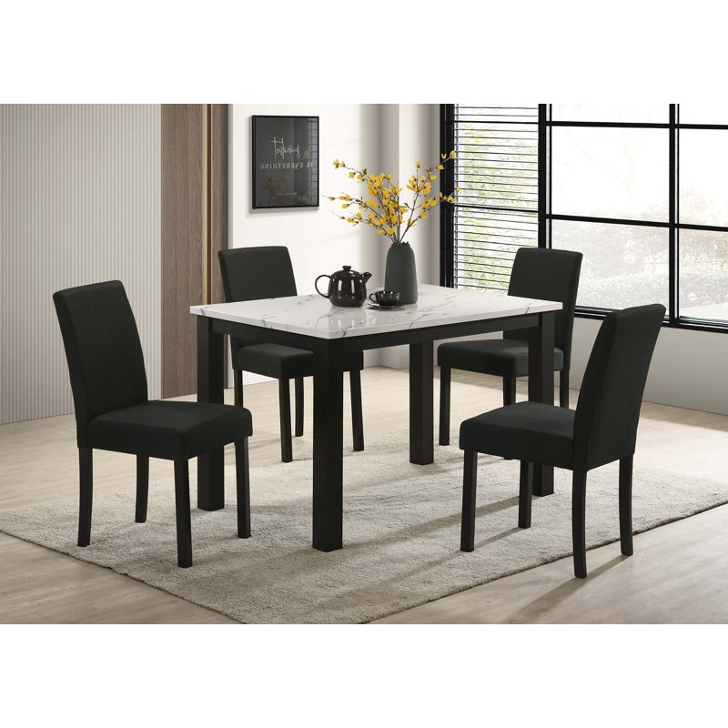 Chaises rembourrées en tissu moelleux de table de salle à manger moderne 5PCS, Marbre blanc, Noir anthracite