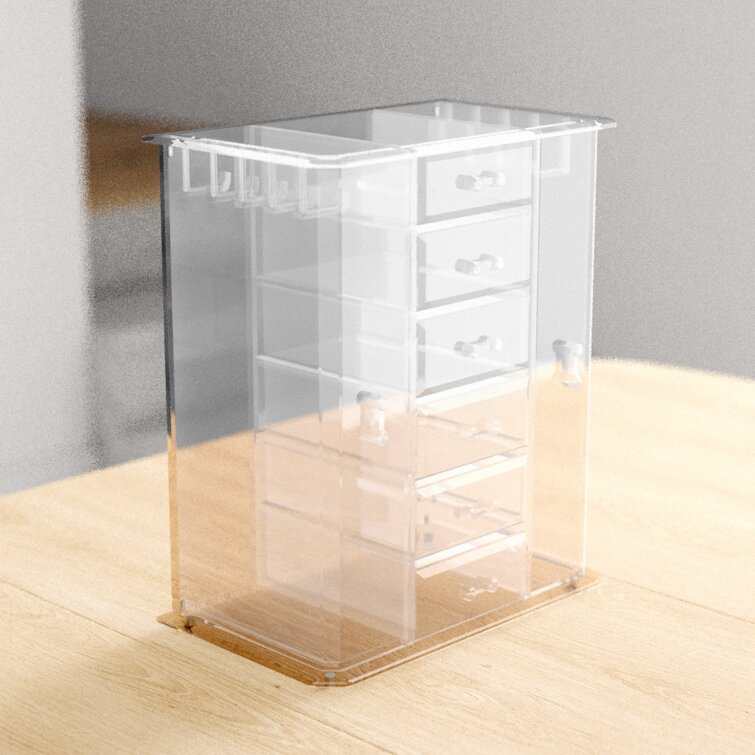 BeautifyBeautify Clear Acrylic Jewelry Organizer Chest/Makeup Storage Box  with 6 Drawers & Hanging Necklace Holder - Clear