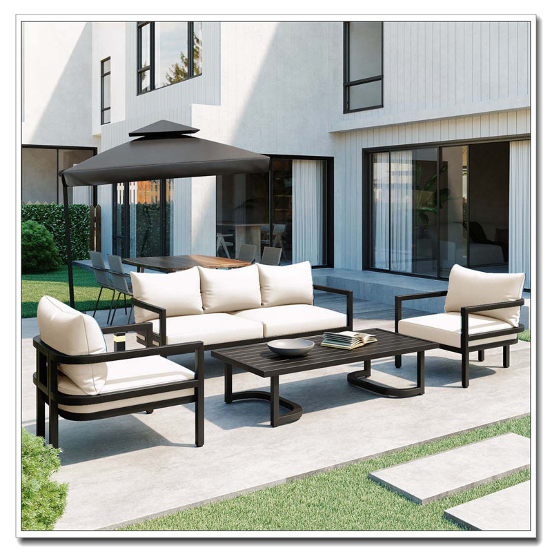 Ensemble de canapé d'extérieur en acier 5 pièces avec table basse et coussins en bois (beige), Beige