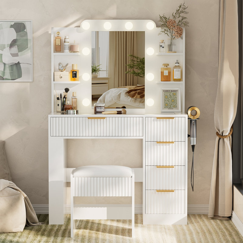 Table de coiffeuse élégante avec miroir à DEL, lumières, rangement et station de charge pour les chambres modernes, Blanc