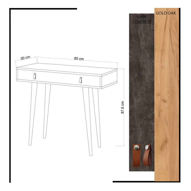 Modern Scandinavian Sideboard with 1 Drawer, 31.5 x 34.5 x 11.8 inches | 100% Melamine Coated Particle Board, Oak & Dark Grey Finish | PU Leather Handle, Wooden Legs, Wall-Mountable, Stylish Storage Solution