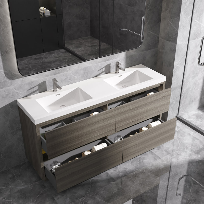Meuble-lavabo autoportant avec comptoir à double surface en blanc pour salle de bain, Gris, 72"