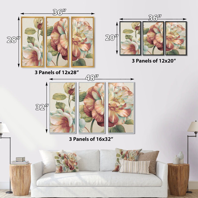 Romantiques fleurs roses en fleurs - ensemble de 3 impressions sur toile encadrées Shabby Elegance, H 32 po x l 48 po, Blanc