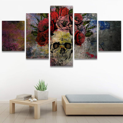 Moody Gothic " Human Skull With Roses Flowers Abstract Plants " 5 - Pieces