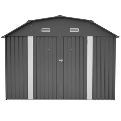 Remise de rangement extérieure en acier robuste gris 10 x 12 pi, rouille galvanisée, plancher pré-assemblé, fenêtres transparentes, toit en losange avec orifices de ventilation, visibilité